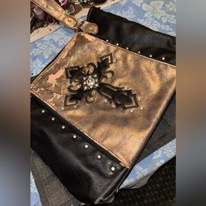 Embellished Metallic Bronze & Black Cross Accent Tote